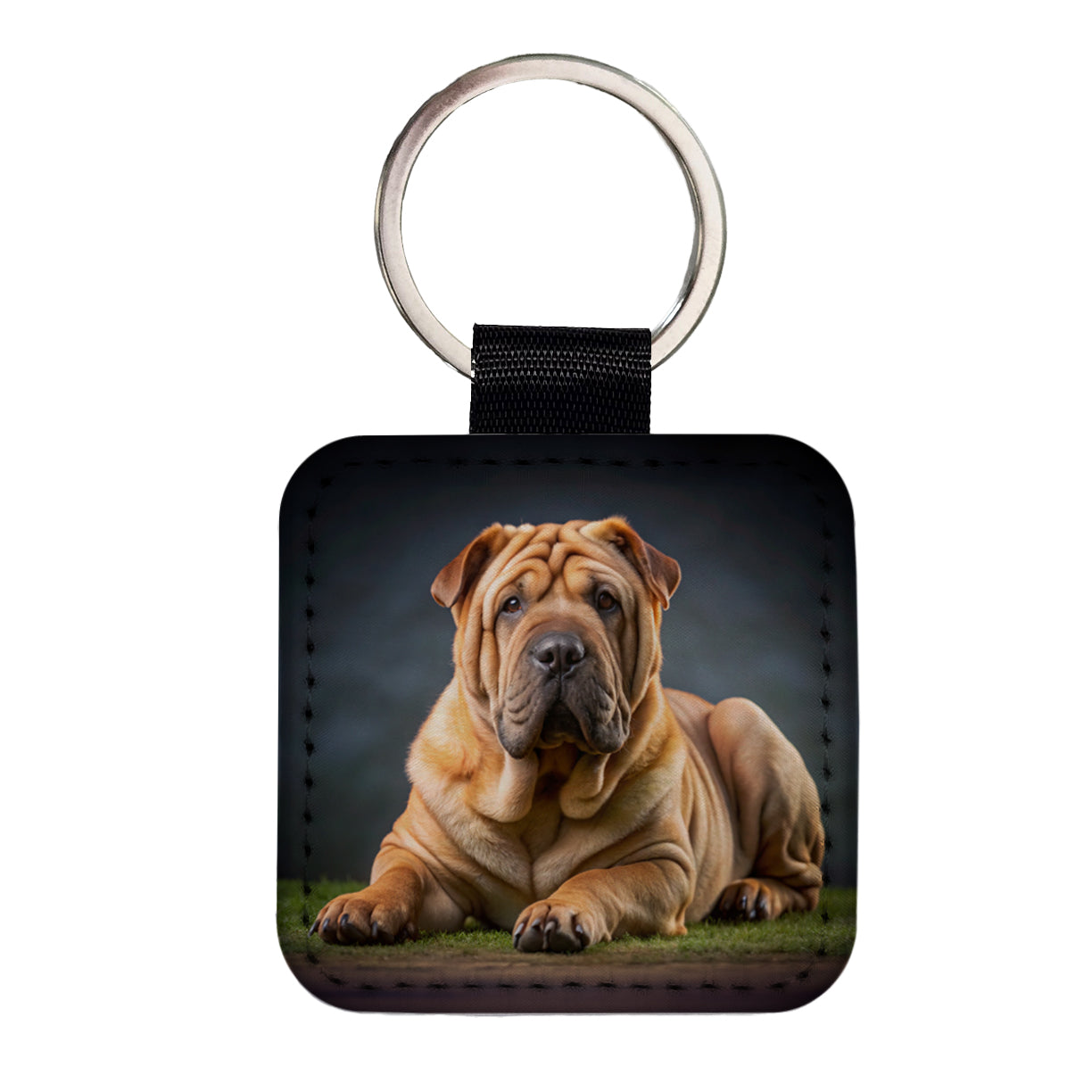 Shar Pei Dog Photo Square Faux Leather Keychain