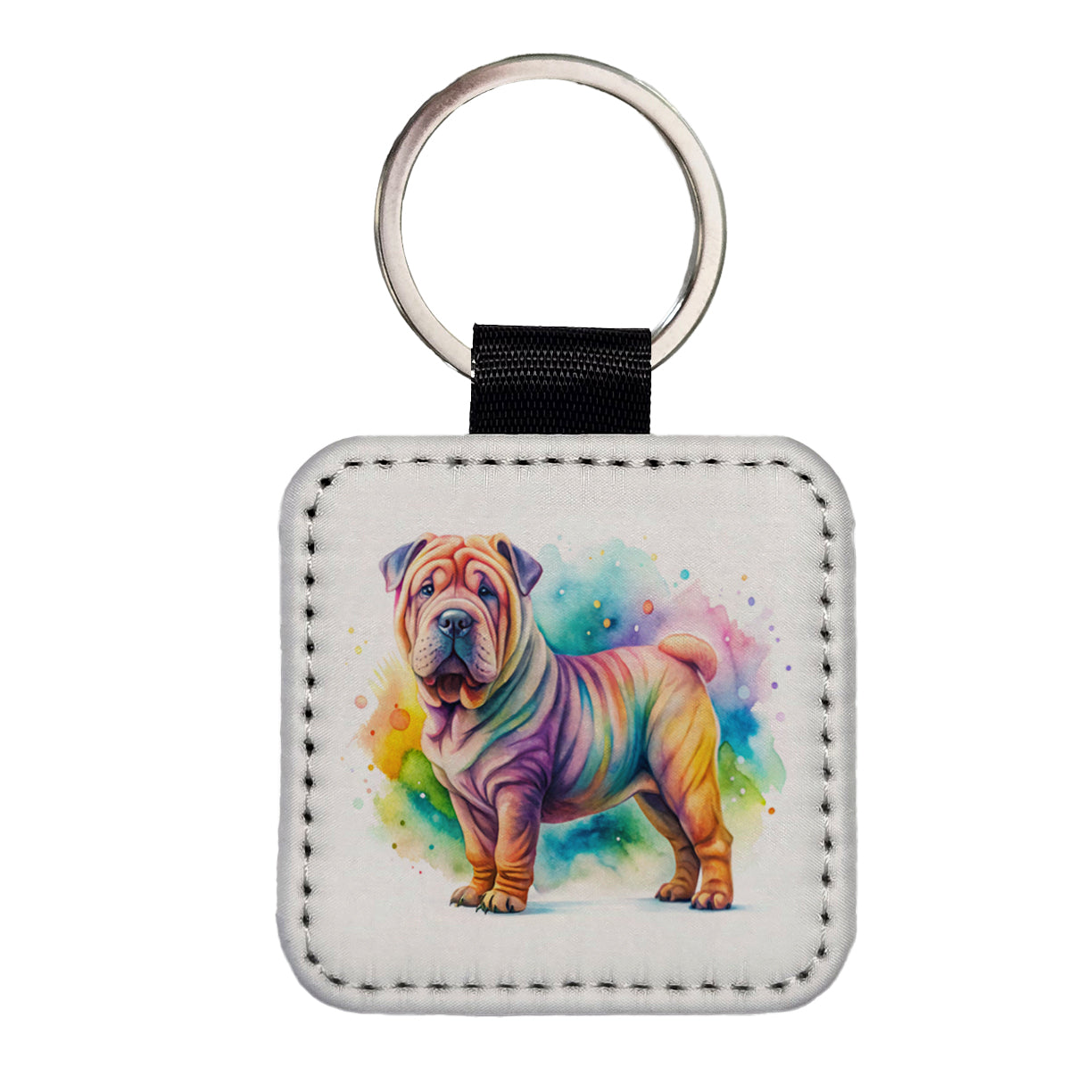 Shar Pei Dog Watercolor Style Square Faux Leather Keychain