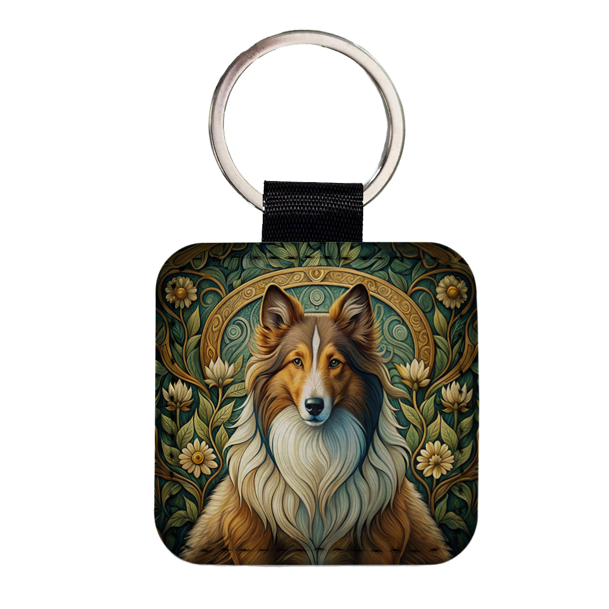Shetland Sheepdog Sheltie Dog Art Nouveau Square Faux Leather Keychain