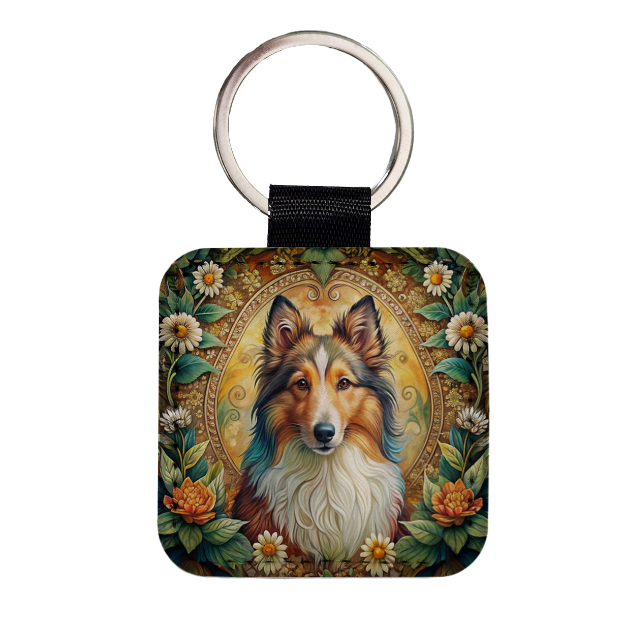 Shetland Sheepdog Sheltie Dog Bohemian Art Square Faux Leather Keychain