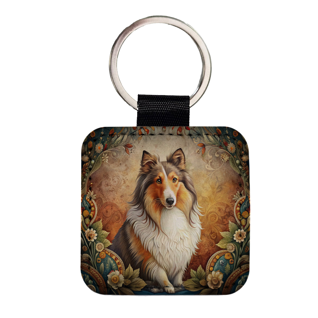 Shetland Sheepdog Sheltie Dog French Bohemian Art Square Faux Leather Keychain