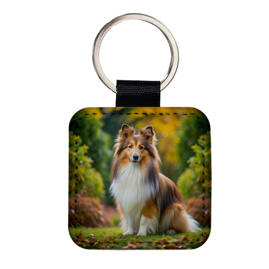 Shetland Sheepdog Sheltie Dog Photo Square Faux Leather Keychain