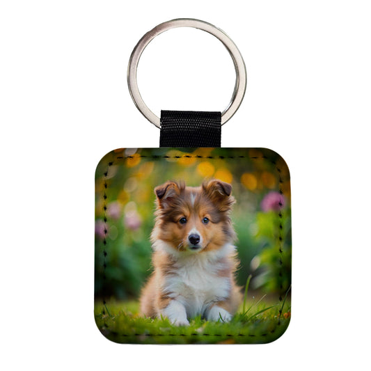 Shetland Sheepdog Sheltie Dog Puppy Photo Square Faux Leather Keychain