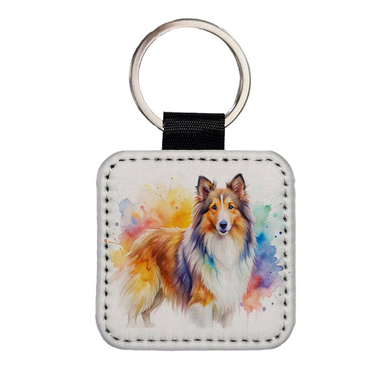 Shetland Sheepdog Sheltie Dog Watercolor Style Square Faux Leather Keychain
