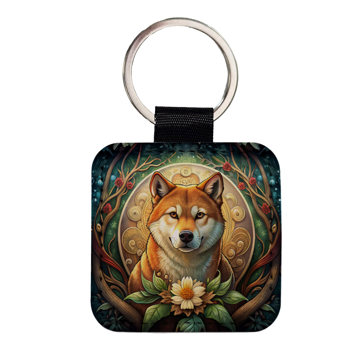 Shiba Inu Dog Art Nouveau Square Faux Leather Keychain