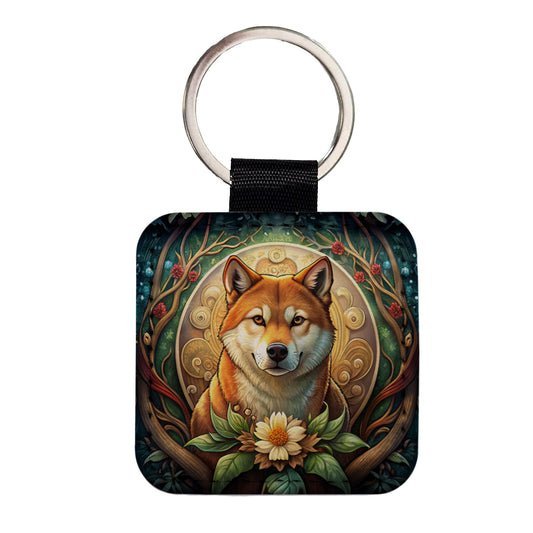 Shiba Inu Dog Art Nouveau Square Faux Leather Keychain