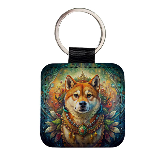 Shiba Inu Dog Bohemian Art Square Faux Leather Keychain