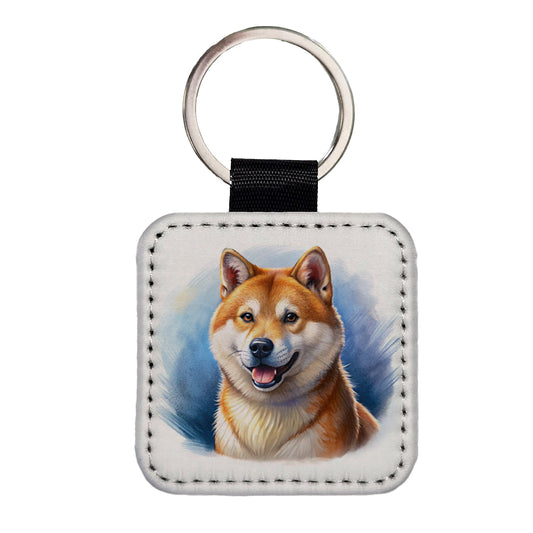 Shiba Inu Dog Illustration Square Faux Leather Keychain