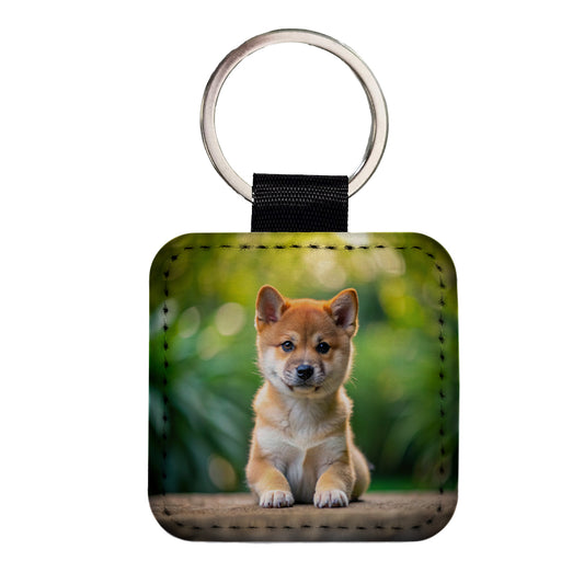 Shiba Inu Dog Puppy Photo Square Faux Leather Keychain