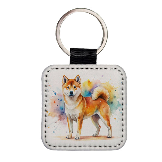 Shiba Inu Dog Watercolor Style Square Faux Leather Keychain