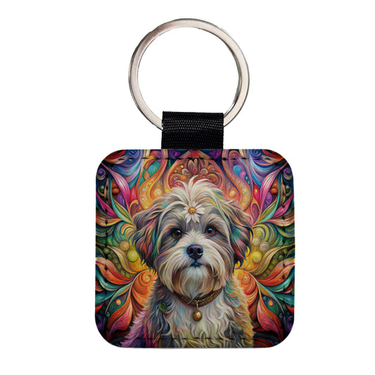 Shih Tzu Dog Bohemian Art Square Faux Leather Keychain