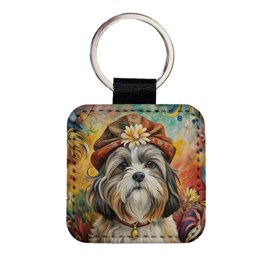 Shih Tzu Dog French Bohemian Art Square Faux Leather Keychain