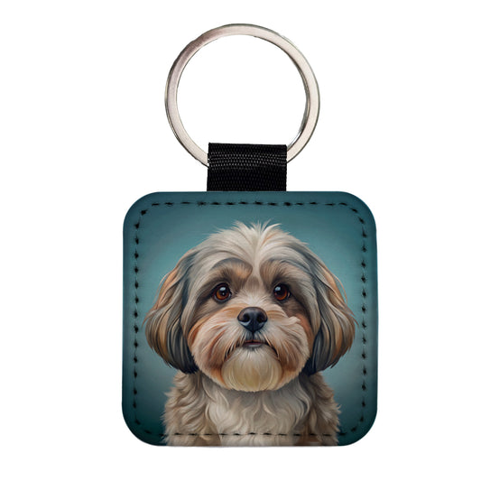 Shih Tzu Dog Illustration Square Faux Leather Keychain