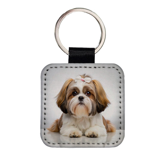 Shih Tzu Dog Photo Square Faux Leather Keychain