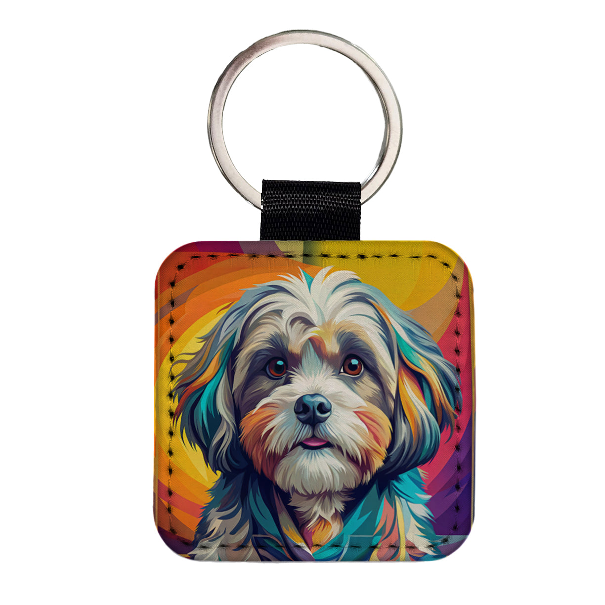 Shih Tzu Dog Pop Art Square Faux Leather Keychain