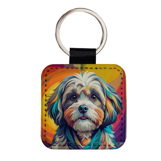 Shih Tzu Dog Pop Art Square Faux Leather Keychain