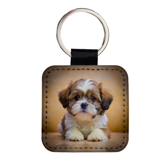 Shih Tzu Dog Puppy Photo Square Faux Leather Keychain