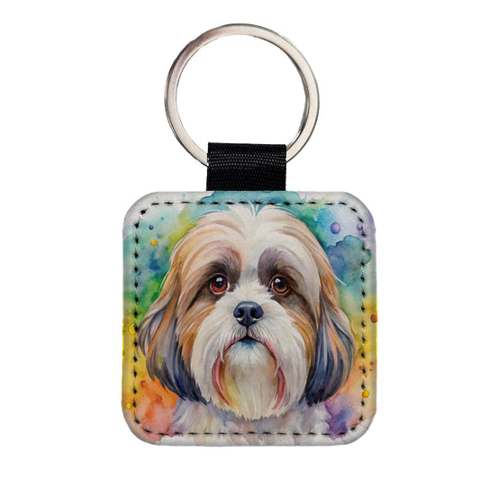Shih Tzu Dog Watercolor Style Square Faux Leather Keychain