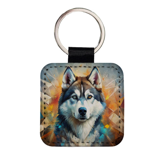 Siberian Husky Dog Abstract Art Square Faux Leather Keychain
