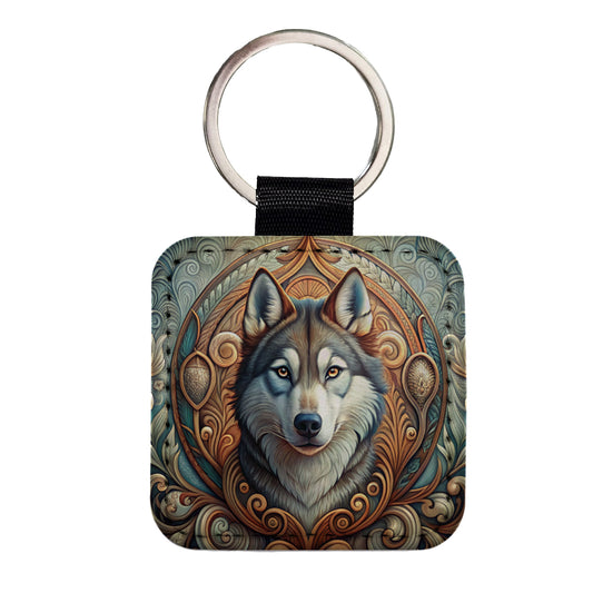 Siberian Husky Dog Art Nouveau Square Faux Leather Keychain