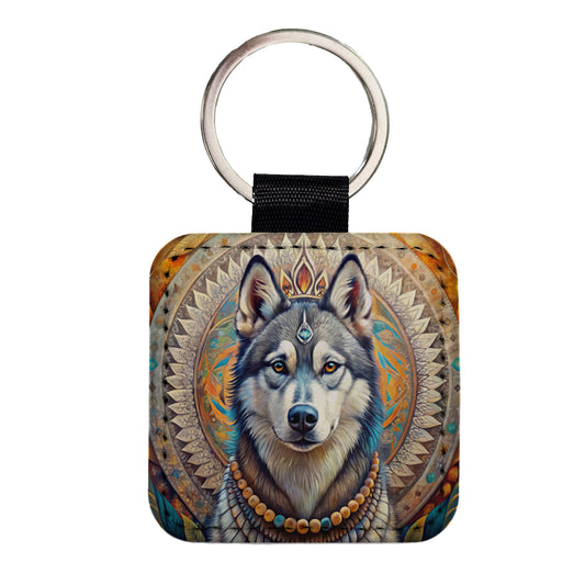 Siberian Husky Dog Bohemian Art Square Faux Leather Keychain