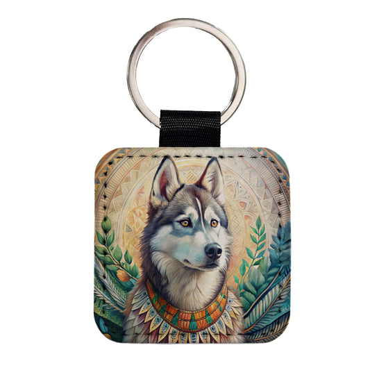 Siberian Husky Dog French Bohemian Art Square Faux Leather Keychain