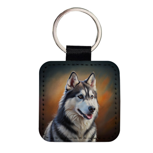 Siberian Husky Dog Illustration Square Faux Leather Keychain