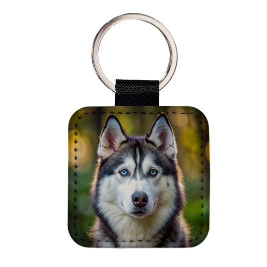 Siberian Husky Dog Photo Square Faux Leather Keychain
