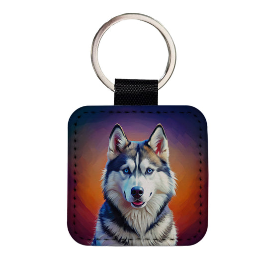 Siberian Husky Dog Pop Art Square Faux Leather Keychain