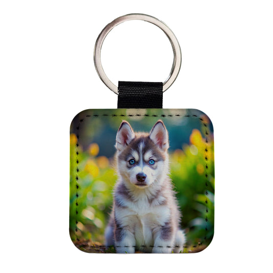 Siberian Husky Dog Puppy Photo Square Faux Leather Keychain