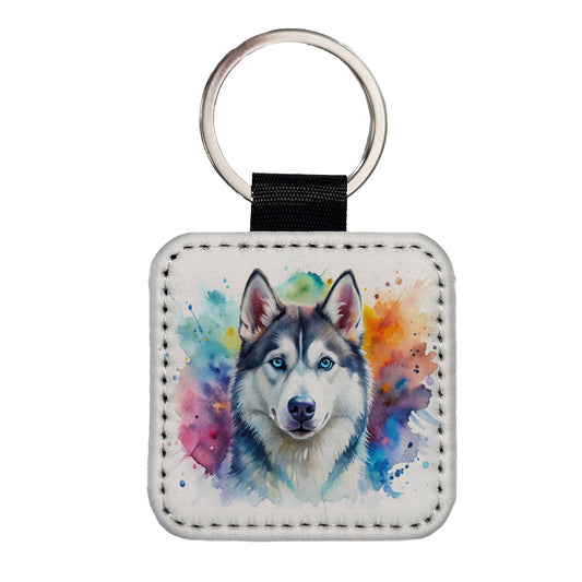 Siberian Husky Dog Watercolor Style Square Faux Leather Keychain