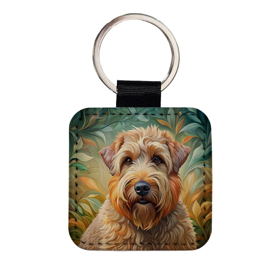 Soft Coated Wheaten Terrier Dog Art Nouveau Square Faux Leather Keychain