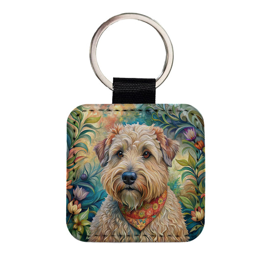 Soft Coated Wheaten Terrier Dog French Bohemian Art Square Faux Leather Keychain