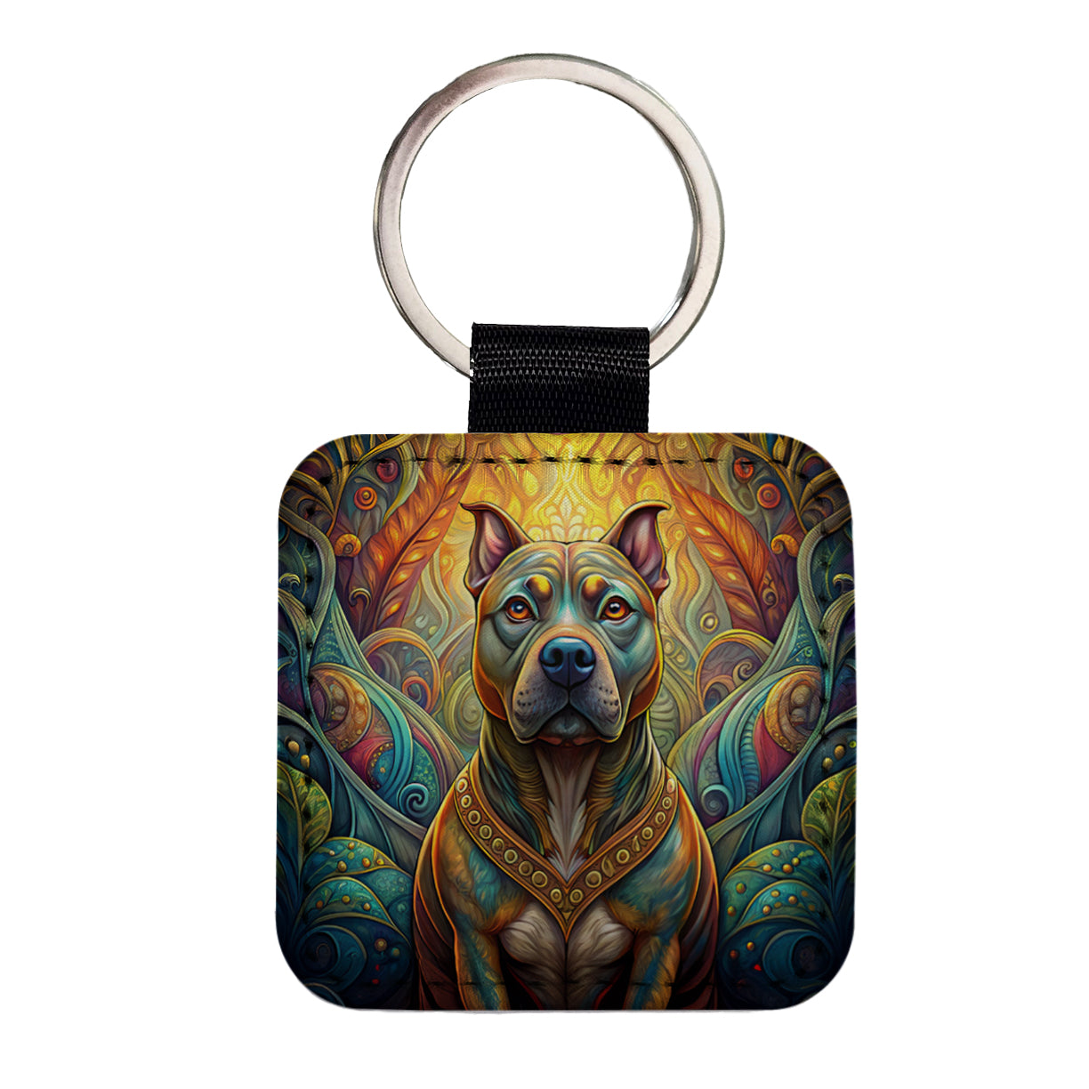 Staffordshire Bull Terrier Staffy Dog Art Nouveau Square Faux Leather Keychain