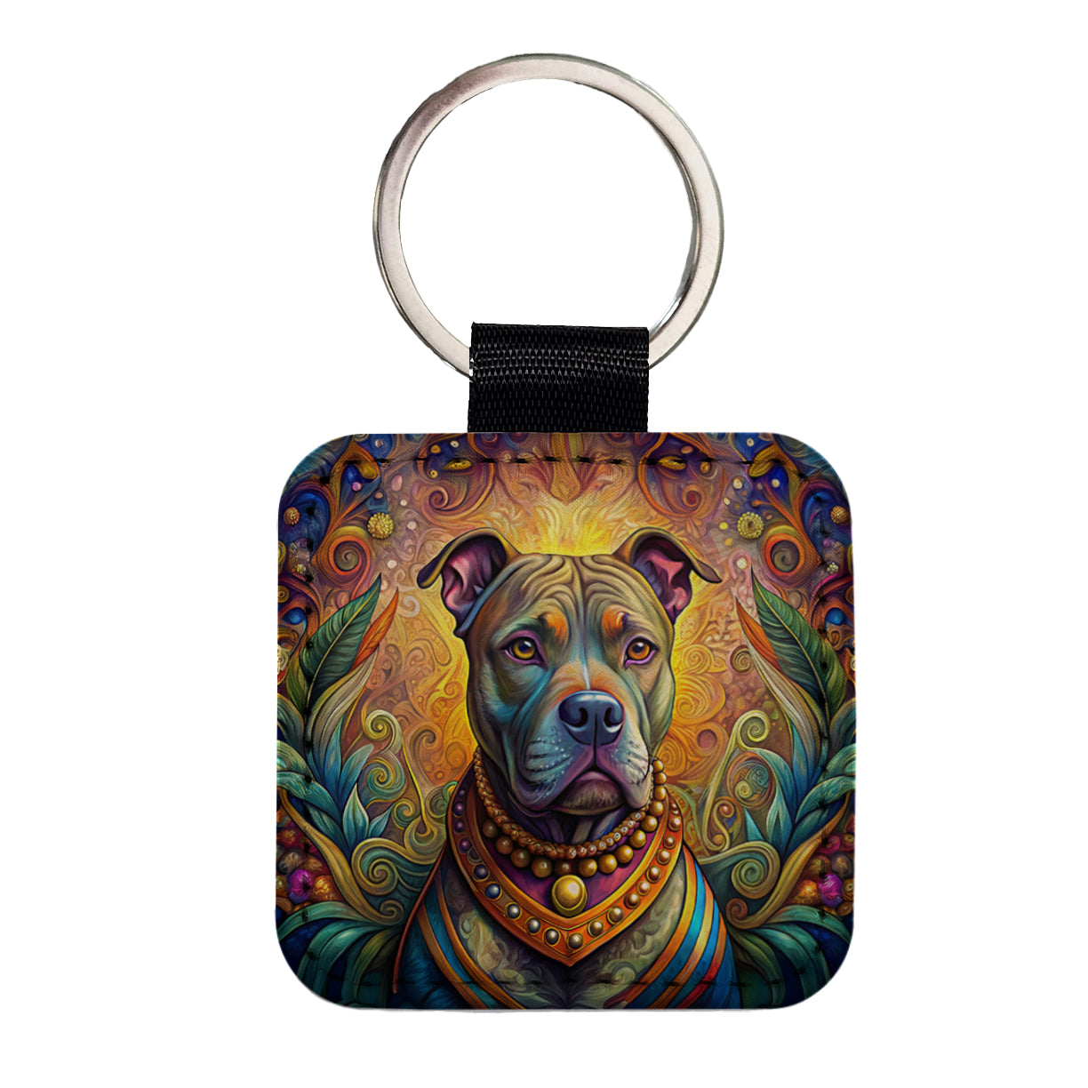Staffordshire Bull Terrier Staffy Dog Bohemian Art Square Faux Leather Keychain