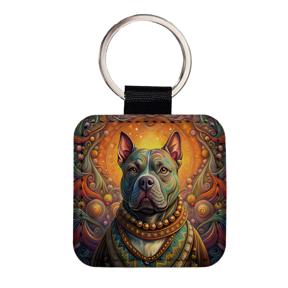 Staffordshire Bull Terrier Staffy Dog French Bohemian Art Square Faux Leather Keychain
