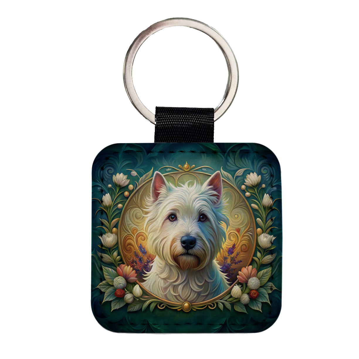 West Highland White Terrier Westie Dog Art Nouveau Square Faux Leather Keychain