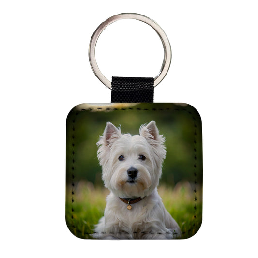 West Highland White Terrier Westie Dog Photo Square Faux Leather Keychain