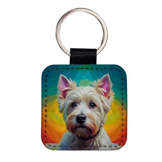 West Highland White Terrier Westie Dog Pop Art Square Faux Leather Keychain