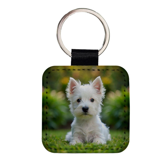 West Highland White Terrier Westie Dog Puppy Photo Square Faux Leather Keychain