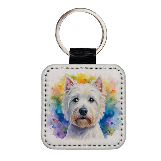 West Highland White Terrier Westie Dog Watercolor Style Square Faux Leather Keychain