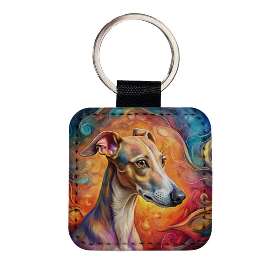 Whippet Dog Abstract Art Square Faux Leather Keychain