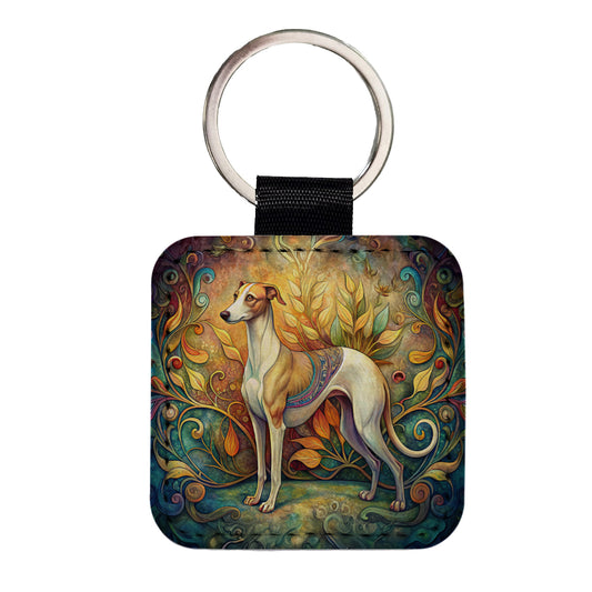 Whippet Dog Art Nouveau Square Faux Leather Keychain