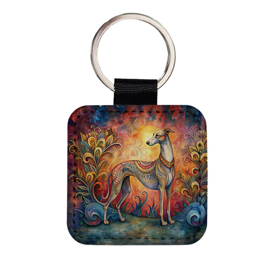 Whippet Dog Bohemian Art Square Faux Leather Keychain