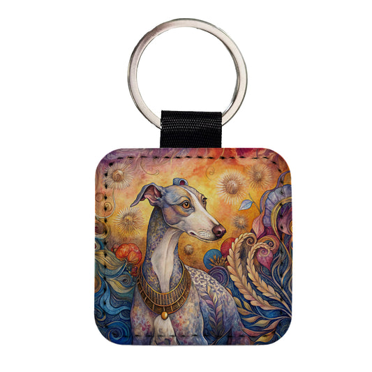 Whippet Dog French Bohemian Art Square Faux Leather Keychain