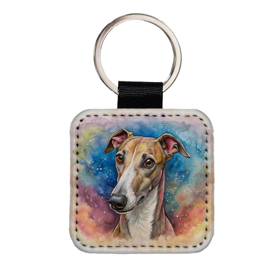 Whippet Dog Illustration Square Faux Leather Keychain