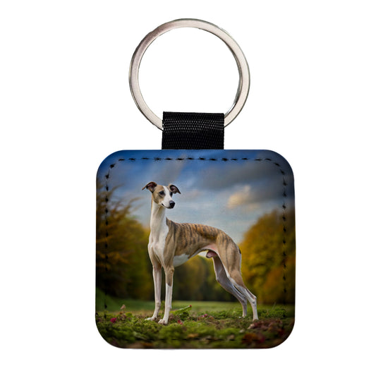 Whippet Dog Photo Square Faux Leather Keychain