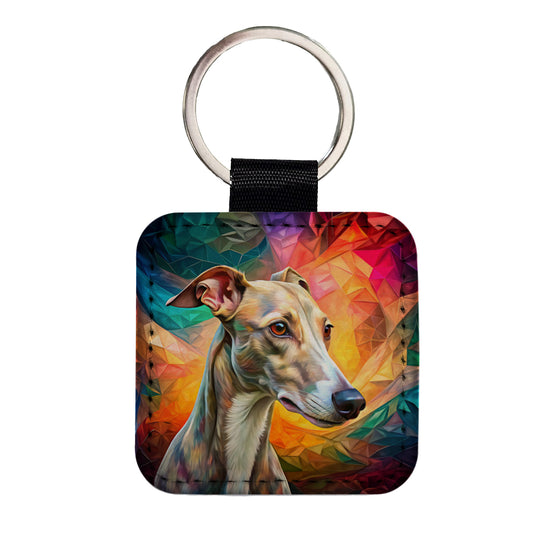 Whippet Dog Pop Art Square Faux Leather Keychain