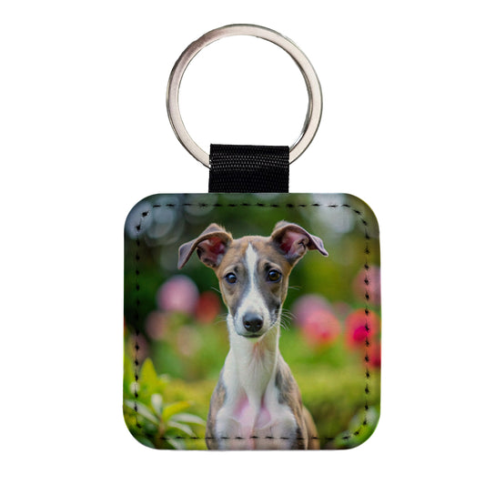 Whippet Dog Puppy Photo Square Faux Leather Keychain