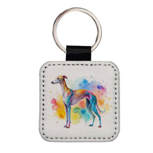 Whippet Dog Watercolor Style Square Faux Leather Keychain